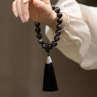 Buddha Gift Natural Silver Sheen Obsidian Black Obsidian Lion Wrist Mala Protection Tassels Pocket Mala Car Decoration