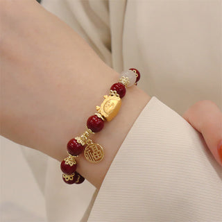 Buddha Gift Year Of The Dragon Red Agate Strawberry Quartz Black Obsidian Jade Garnet Pearl Cinnabar Dumpling Dragon Luck Fu Character Bracelet