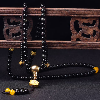 Buddha Gift 108 Beads Natural Black Obsidian Lotus Fulfilment Mala Bracelet
