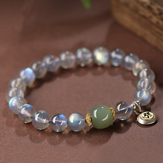 Buddha Gift Chinese Zodiac Natal Buddha 925 Sterling Silver Natural Moonstone Hetian Jade Positive Bracelet