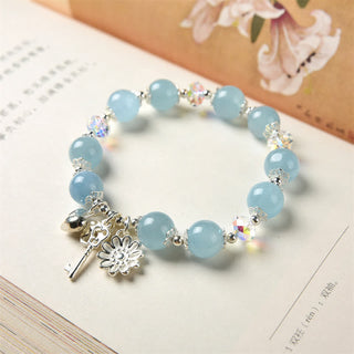 Buddha Gift 925 Sterling Silver Natural Aquamarine Serenity Flower Love Key Charm Bracelet
