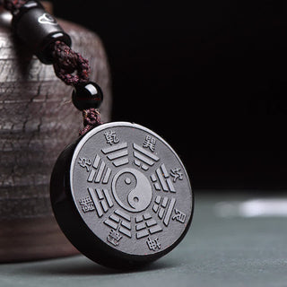Buddha Gift Black Obsidian Bagua Yin Yang Strength Necklace Pendant