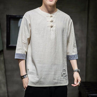 Buddha Gift Frog-Button Dragon Embroidery Chinese Tang Suit Three Quarter Sleeve Shirt Cotton Linen Men Clothing