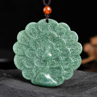 Buddha Gift Natural Jade Peacock Luck Prosperity Necklace Pendant