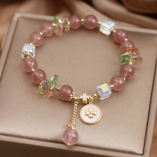 Buddha Gift Strawberry Quartz Lucky Four Leaf Clover Healing Charm Bracelet