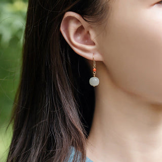 Buddha Gift 925 Sterling Silver 14K Gold Plated Hetian Jade Red Agate Luck Drop Dangle Earrings