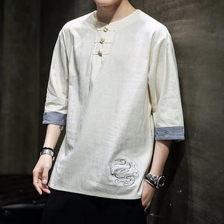 Buddha Gift Frog-Button Dragon Embroidery Chinese Tang Suit Three Quarter Sleeve Shirt Cotton Linen Men Clothing