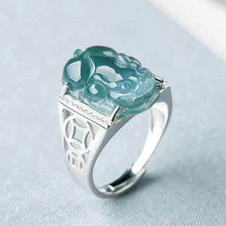 Buddha Gift 925 Sterling Silver Fengshui Wealth Prosperity Jade PiXiu Luck Ring