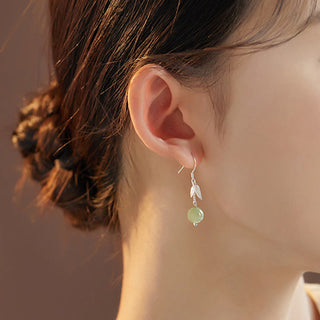 Buddha Gift 999 Sterling Silver Hetian Jade Bead Bamboo Leaf Luck Drop Dangle Earrings