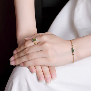 Buddha Gift 925 Sterling Silver Plated Gold Natural Hetian Cyan Jade Gourd Luck Bracelet Ring Set