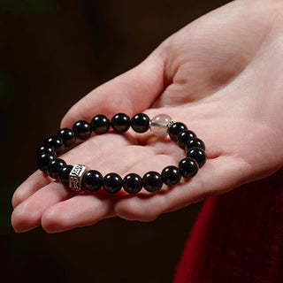 Buddha Gift Chinese Zodiac Natal Buddha 925 Sterling Silver Black Obsidian Moonstone Strength Bracelet