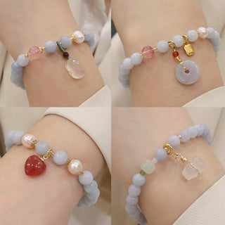 Buddha Gift Natural Aquamarine Chalcedony Serenity Rabbit Gourd Cat Charm Bracelet