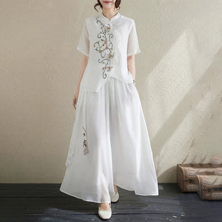 Buddha Gift 2Pcs Flower Embroidery Short Sleeve Tee T-shirt Wide Leg Pants Set