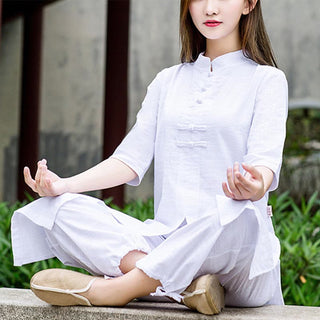 Buddha Gift 2Pcs Half Sleeve Shirt Top Pants Meditation Zen Tai Chi Linen Clothing Women's Set