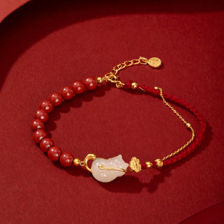 Buddha Gift 925 Sterling Silver Plated 18K Gold Hetian Jade Ruyi Cat Cinnabar Luck Bracelet Necklace Pendant Set