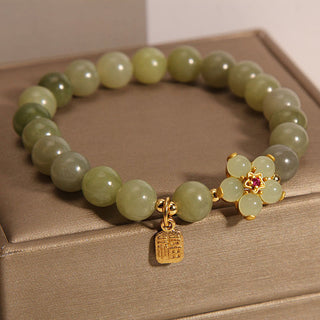 Buddha Gift Green Jade Flower Fu Character Charm Luck Bracelet