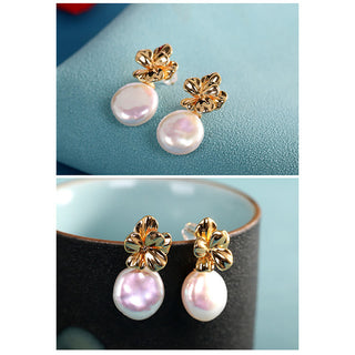 Buddha Gift 925 Sterling Silver Natural Baroque Pearl Flower Healing Drop Earrings