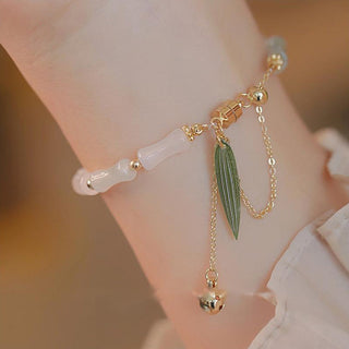 Buddha Gift 14K Gold Plated Hetian White Jade Bamboo Leaf Luck Protection Bracelet