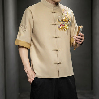 Buddha Gift Frog-Button Chinese Dragon Auspicious Cloud Embroidery Half Sleeve Shirt Cotton Linen Men Clothing