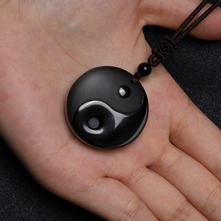 Buddha Gift Black Obsidian Taoism Five Sacred Mountains Nine-Character Mantra Carved Purification Yin Yang Necklace Pendant