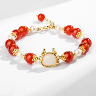Buddha Gift 14K Gold Plated Year Of The Dragon Natural Red Agate Pearl Protection Fu Character Chain Bracelet (Extra 30% Off | USE CODE: FS30)