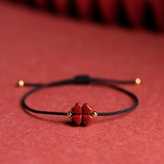Buddha Gift Natural Cinnabar Four Leaf Clover Blessing Red String Bracelet Anklet