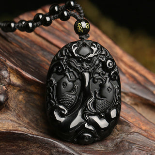 Buddha Gift Black Obsidian Koi Fish Bead Rope Fulfilment Strength Necklace Pendant
