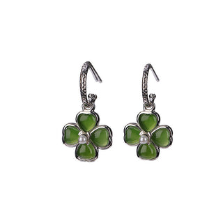 Buddha Gift 925 Sterling Silver Natural Cyan Jade Four Leaf Clover Luck Success Earrings