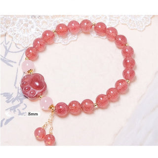 Buddha Gift Natural Strawberry Quartz Pink Crystal Lucky Cat Paw Love Bracelet