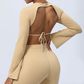 Buddha Gift Long Sleeve Backless Strap Top Bra Flare Pants Fitness Yoga Outfit