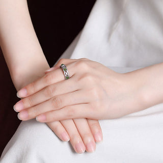 Buddha Gift 925 Sterling Silver Plated Gold Cyan Jade Braided Design Success Luck Adjustable Ring