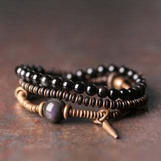 Buddha Gift Rainbow Obsidian Ebony Wood Copper Healing Triple Wrap Bracelet