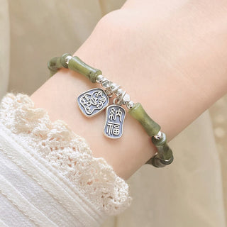 Buddha Gift 925 Sterling Silver Bamboo Jade Lucky Cat Fu Character Luck Abundance Bracelet