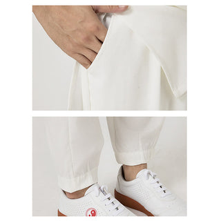 Buddha Gift 2Pcs Buttons Men's Three Quarter Sleeve Shirt Top Pants Meditation Zen Tai Chi Cotton Linen Clothing Set