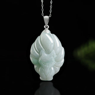 Buddha Gift 925 Sterling Silver Natural Jade Nine Tailed Fox Prosperity Necklace Pendant