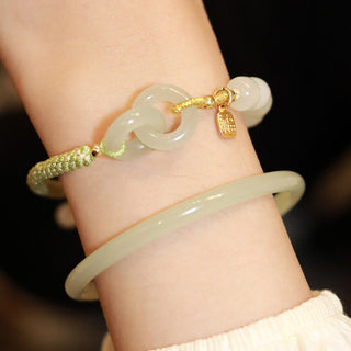 Buddha Gift Natural Hetian Jade Bead Double Peace Buckle Fu Character Abundance Braided Bracelet