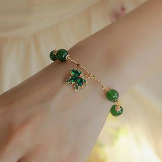 Buddha Gift 14k Gold Plated Green Chalcedony Maple Leaf Courage Strength Bracelet