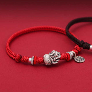 Buddha Gift 925 Sterling Silver PiXiu Fu Character Wealth Luck Handmade Braided Bracelet