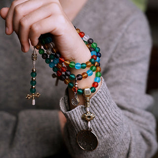 Buddha Gift Tibetan 108 Mala Beads Multicolored Liuli Glass Bead Chinese Zodiac Nine Palaces Eight Diagrams Charm Bracelet