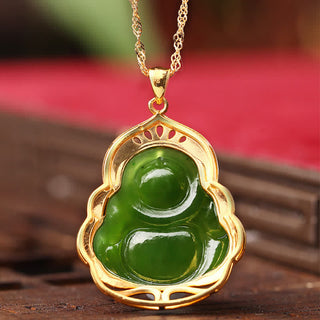 Buddha Gift 925 Sterling Silver Natural Hetian Cyan Jade Laughing Buddha 18K Gold Healing Necklace Chain Pendant