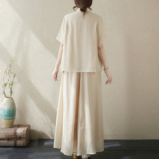 Buddha Gift 2Pcs Flower Embroidery Short Sleeve Tee T-shirt Wide Leg Pants Set