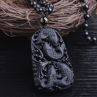 Buddha Gift Black Obsidian Koi Fish Engraved Strength Beaded Necklace Pendant