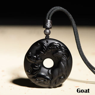 Buddha Gift Chinese Zodiac Natural Black Obsidian Peace Buckle Strength Necklace Pendant