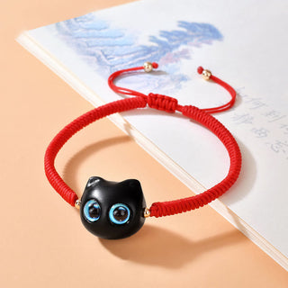 Buddha Gift Ebony Wood Cat Head Pattern Peace King Kong Knot Braided Bracelet