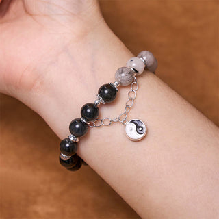 Buddha Gift Silver Sheen Obsidian Crackle Clear Quartz Black Rutilated Quartz Yin Yang Lotus Protection Bracelet