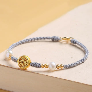 Buddha Gift Copper Coin Fortune Tree Pearl Luck Blue Rope Braided Bracelet