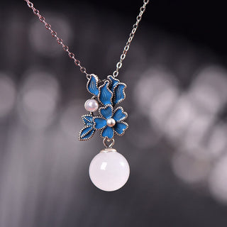 Buddha Gift White Jade 925 Sterling Silver Pearl Flower Blessing Necklace Pendant Ring Earrings