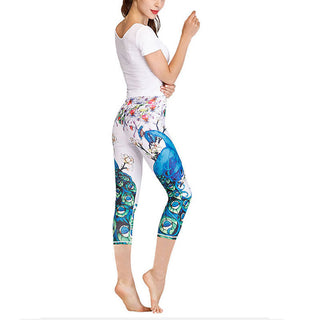 Buddha Gift Lotus Cherry Blossom Gradient Peacock Print Lycra Fabric Sports Cropped Leggings Women's Yoga Capri Pants