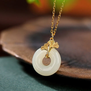 Buddha Gift 925 Sterling Silver Natural Hetian Jade Ginkgo Leaf Peace Buckle Luck Necklace Pendant