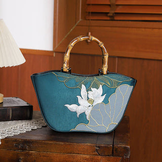 Buddha Gift Lotus Embroidery Bamboo Handle Handbag